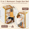 Twin size Montessori climbing bed with rubber wood monkey bars and cotton rope ladder, perfect for adventurous kids.