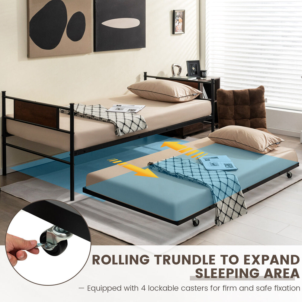 Twin size daybed frame with pullout trundle and lockable casters for added sleeping space in living room or bedroom.