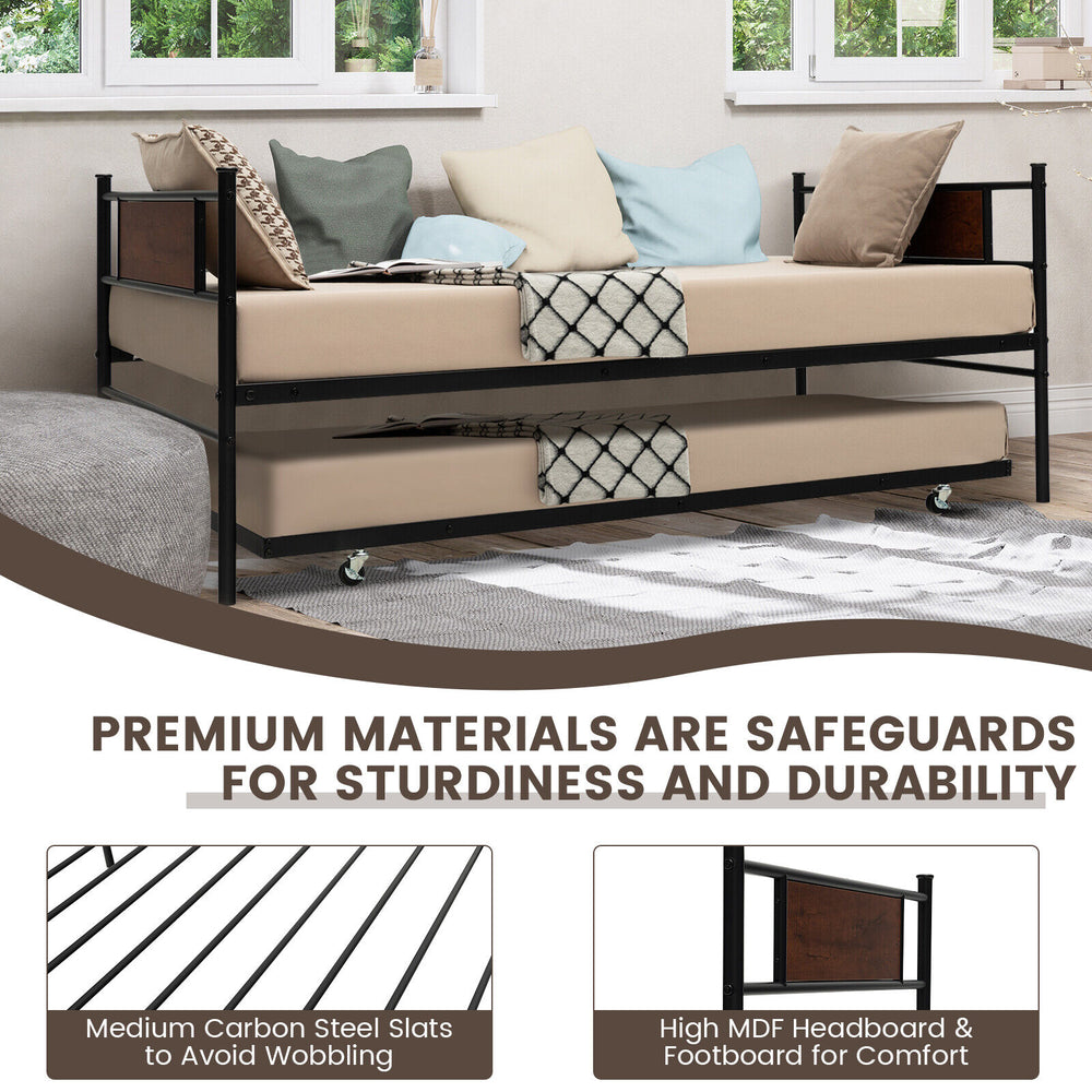 Twin size 2-in-1 daybed frame with pullout trundle, medium carbon steel for sturdiness, suitable for living room or.