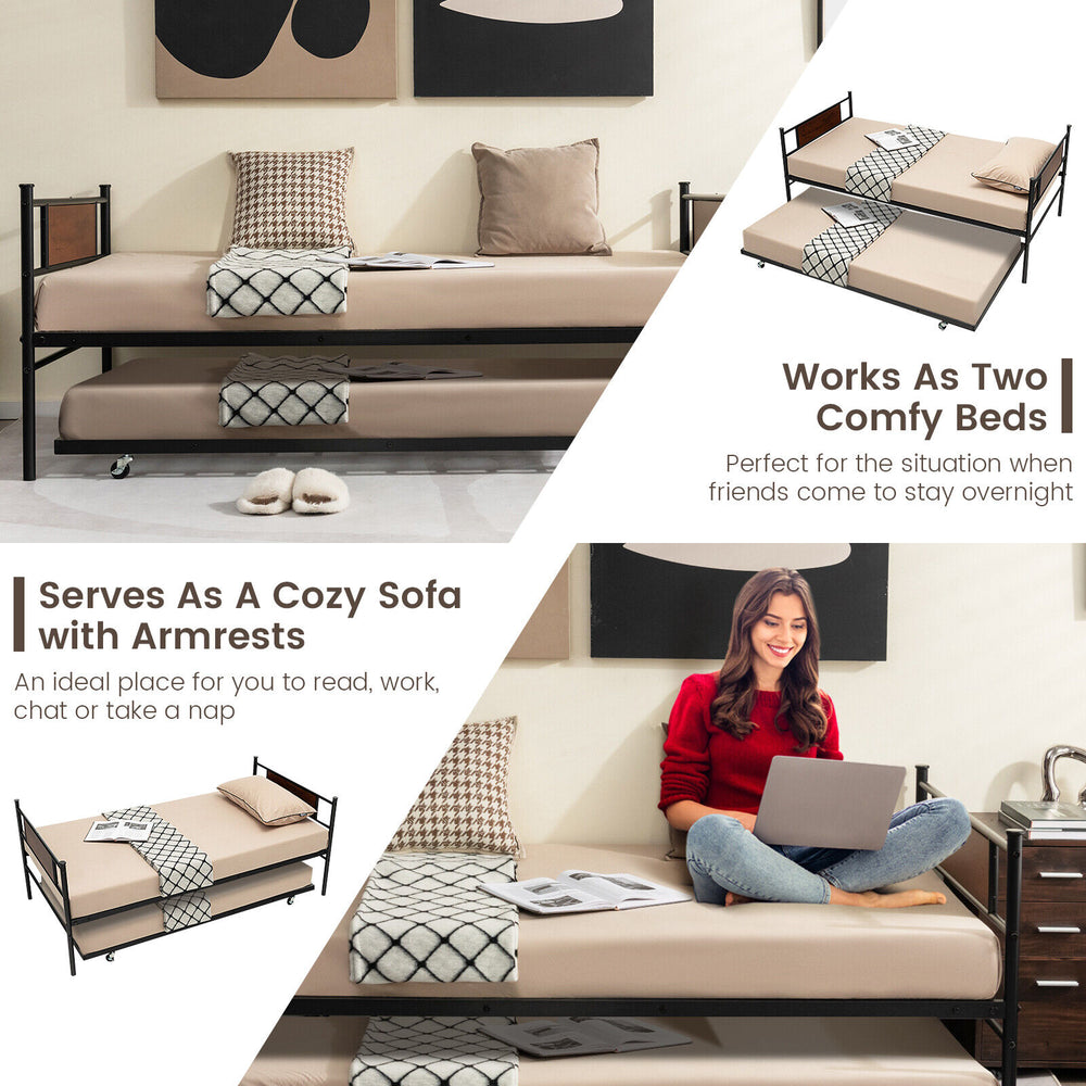 Twin size daybed frame with armrests, convertible to a cozy sofa, perfect for reading or napping in any room.