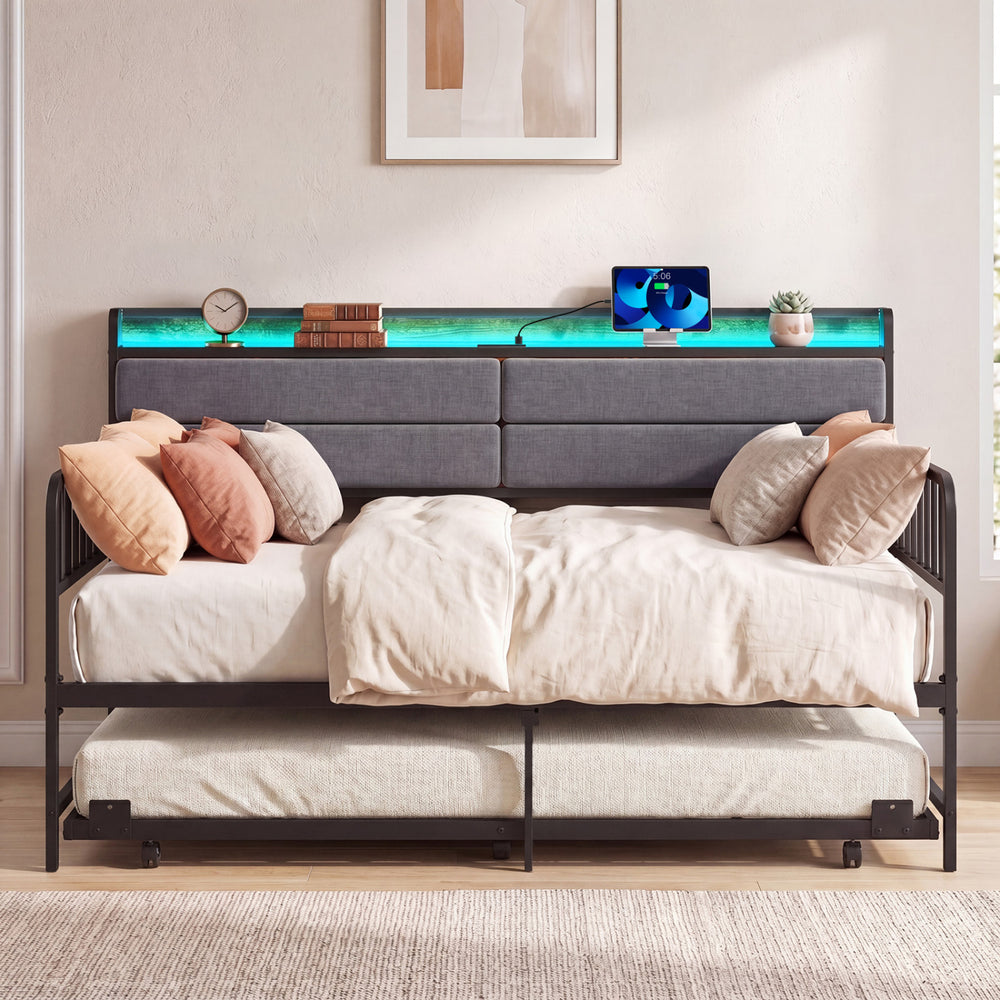 Twin Size Daybed with Trundle and Metal Bed Frame with Headboard-Rustic Brown - Gallery View 1 of 12