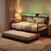 Twin size daybed with trundle in rustic brown, featuring ambient RGB LED lights and upholstered storage headboard.