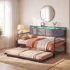 Twin size daybed with trundle in rustic brown, showcasing a stylish upholstered headboard with integrated charging.