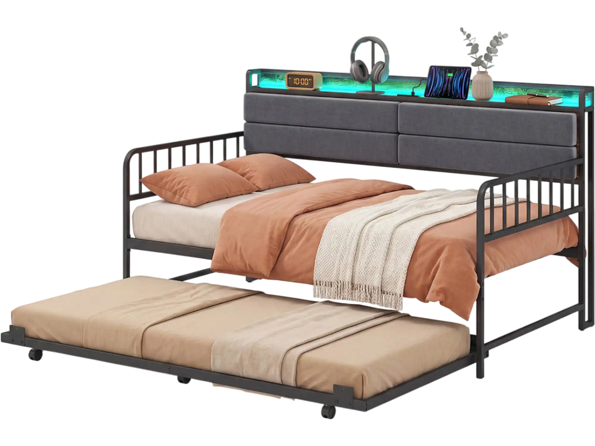 Costway Twin Daybed with Trundle Metal Bed Frame Headboard 20317145 New