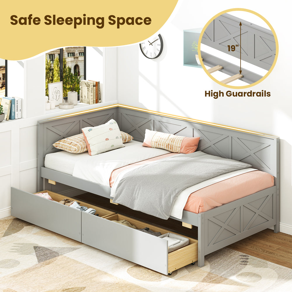 Twin size gray daybed with high guardrails and two storage drawers, perfect for guest sleeping and space-saving.