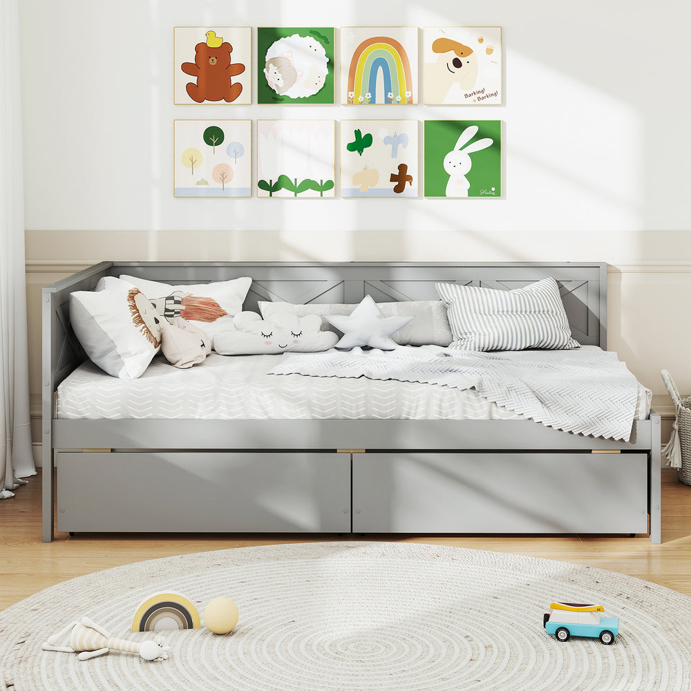 Twin size gray daybed with 2 storage drawers, perfect for extra sleeping space and organized storage in small rooms.