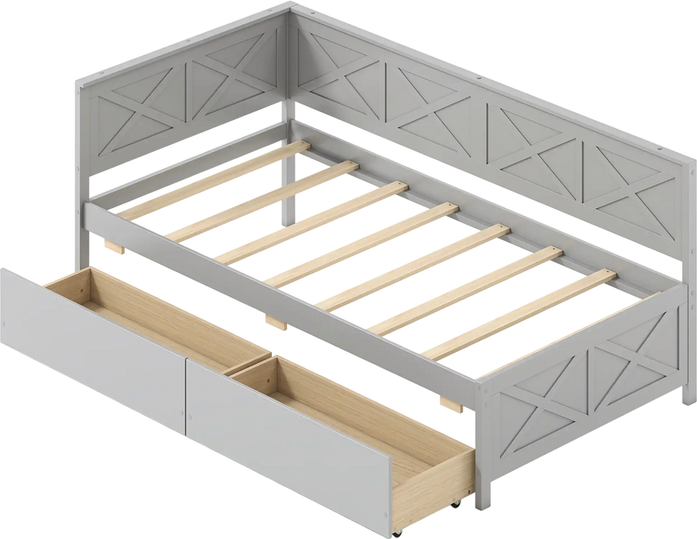 Twin size gray daybed with two storage drawers, featuring sturdy wooden construction and slats for mattress support.