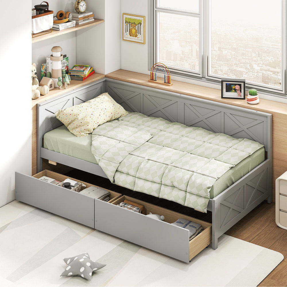 Twin size gray daybed with two storage drawers, perfect for cozy seating or extra sleeping space in small rooms.