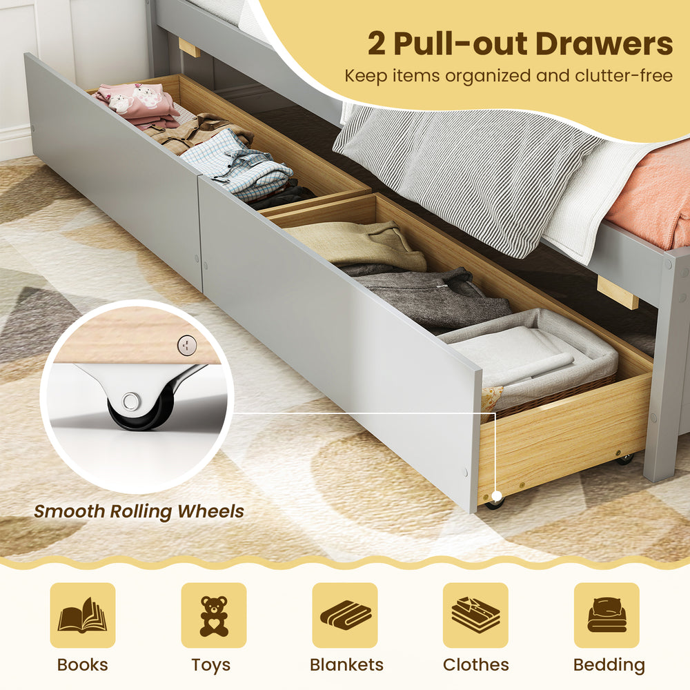 Twin size daybed with 2 pull-out storage drawers in gray, featuring smooth rolling wheels for easy access and.