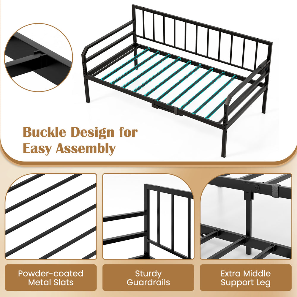 Adjustable metal twin size daybed with charging station, LED light, and sturdy guardrails for versatile use in any room.