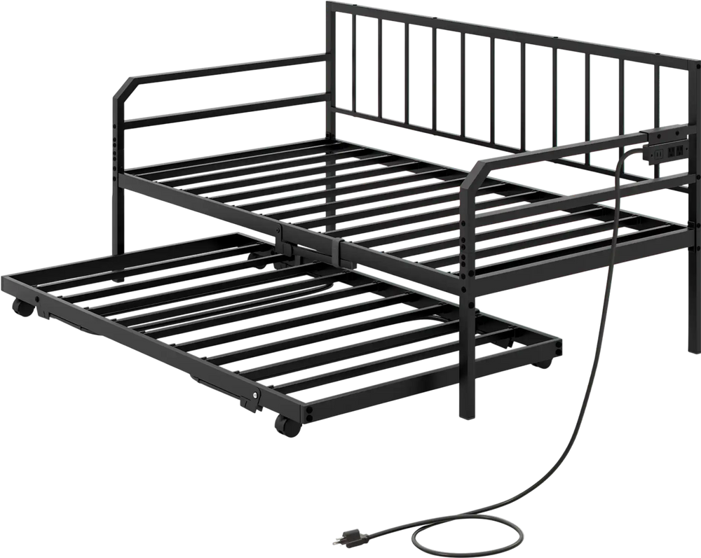 Adjustable metal twin size daybed in black with charging station, LED light, and pop-up trundle for versatile use.