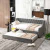 Twin size gray daybed with trundle, featuring curved armrests and soft sponge filling for added comfort.