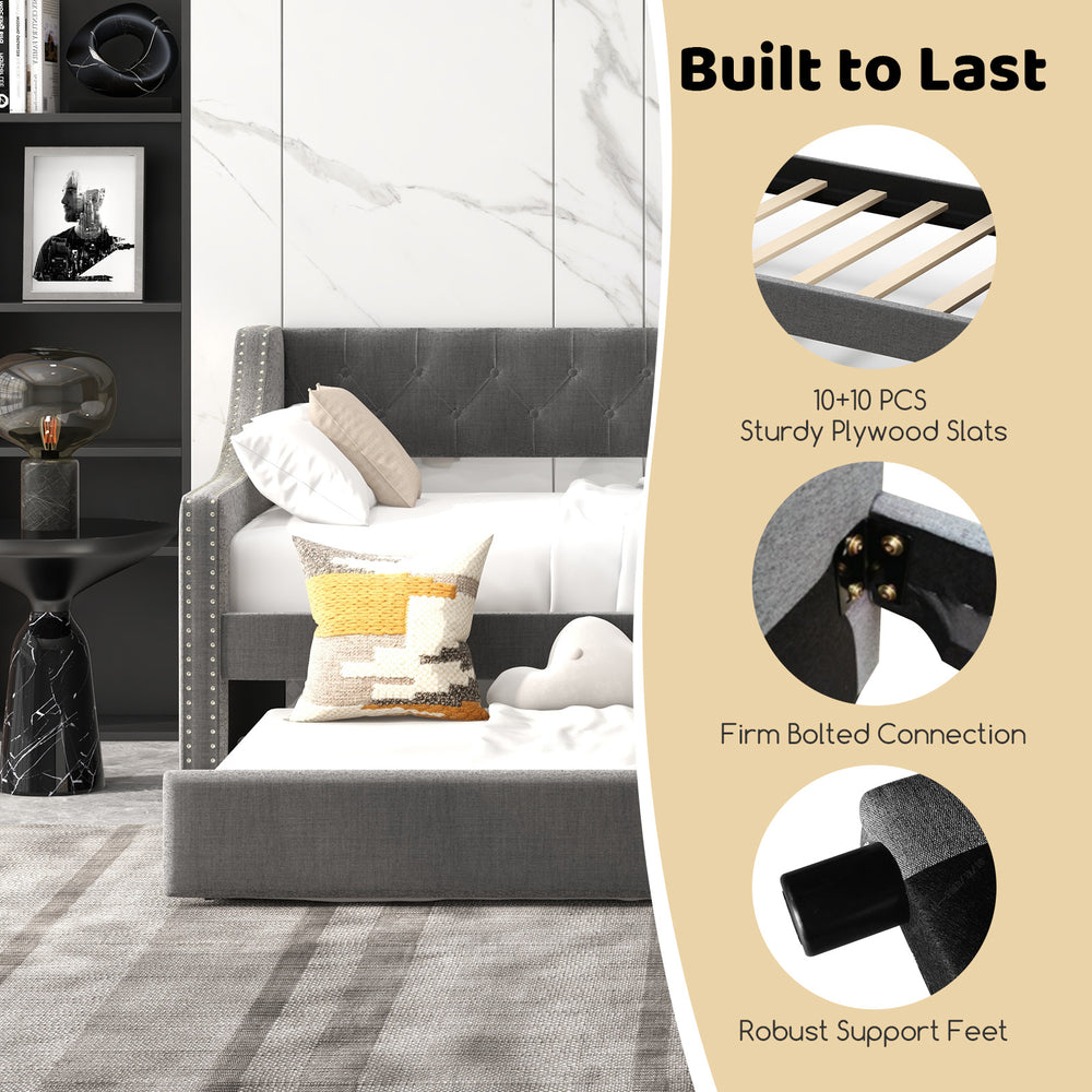 Twin size gray daybed with trundle, curved armrests, and firm bolted connection for stylish space-saving comfort.