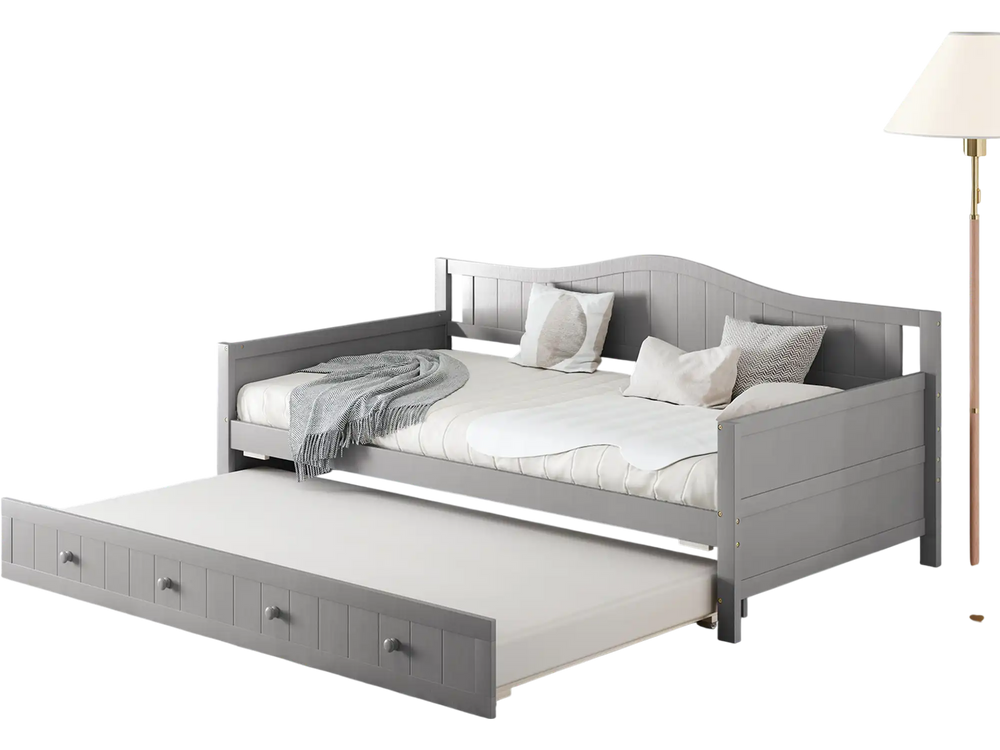 Twin size daybed with trundle in gray, showcasing integrated armrests and a clean design, perfect for dorms or.
