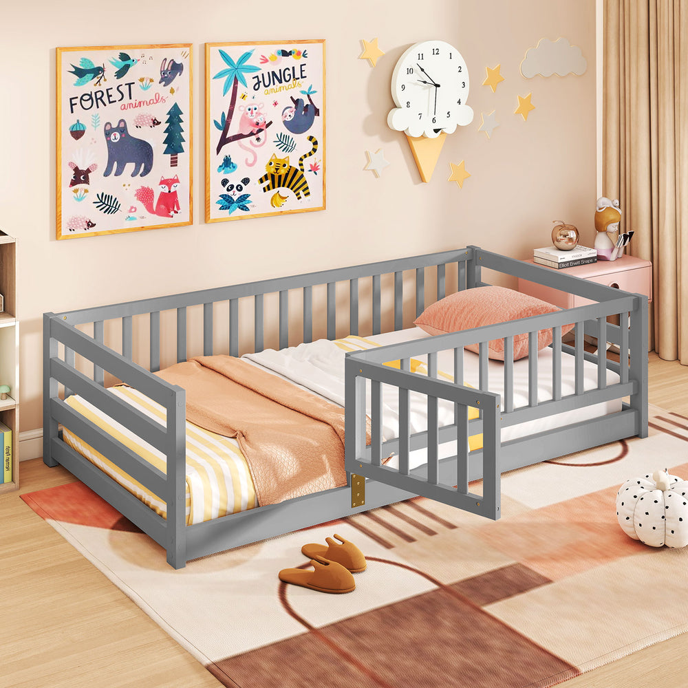 Twin Size Floor Bed with High Fence and Door Playhouse for Kids-Gray - Gallery View 1 of 10