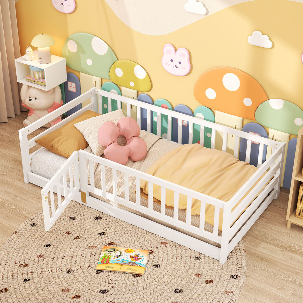 Twin Size Floor Bed with High Fence and Door Playhouse for Kids-White - Gallery View 1 of 10