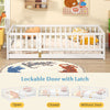 Twin size floor bed in white with lockable door, heightened fence rails for safety, ideal for kids' play and sleep.