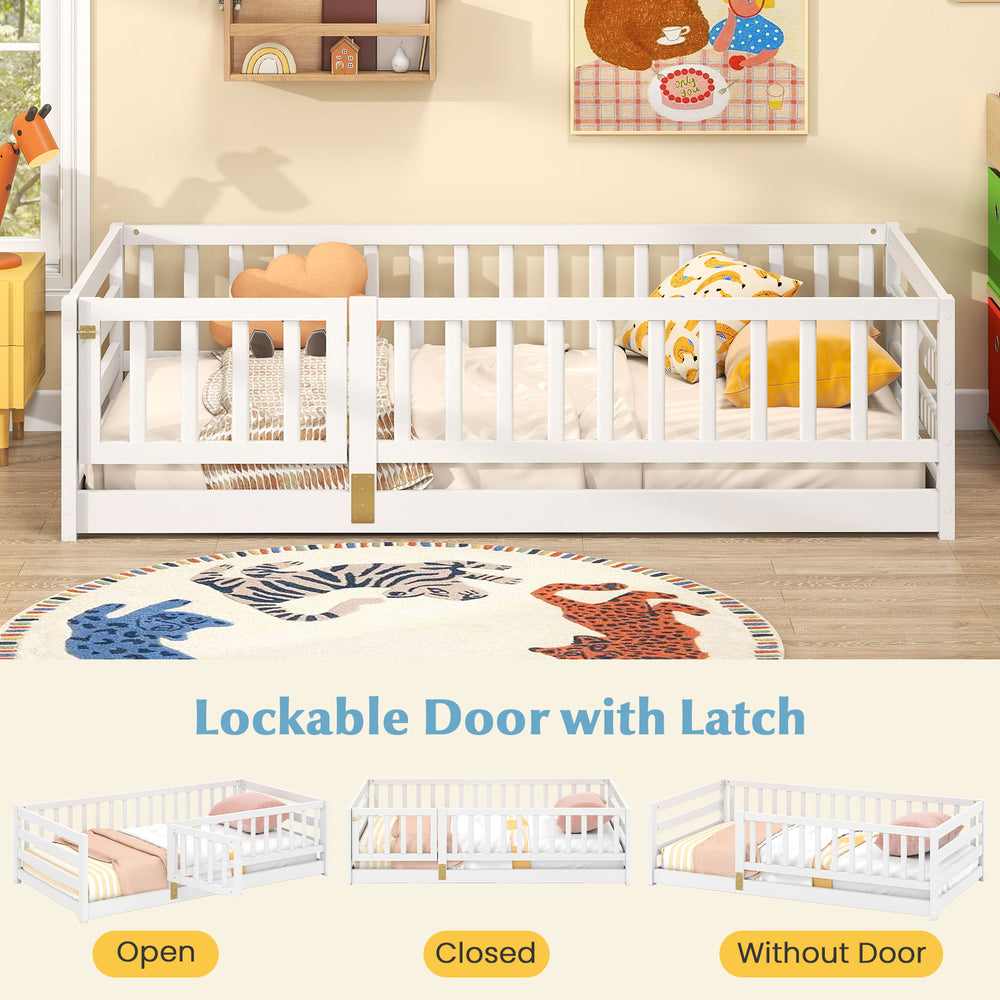 Twin size floor bed in white with lockable door, heightened fence rails for safety, ideal for kids' play and sleep.