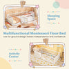 Twin size Montessori floor bed in white with high fence and door, designed for safety and independence in kids' rooms.