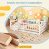 Twin size floor bed in white with sturdy pine wood construction and heightened fence for kids' safety and play.