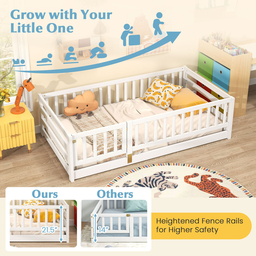 Twin size floor bed with 21.5" high fence rails, crafted from sturdy pine wood, ideal for kids' safety and play.