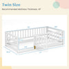 Twin size floor bed dimensions chart, featuring a white design with high fence and door for children's safety and play.