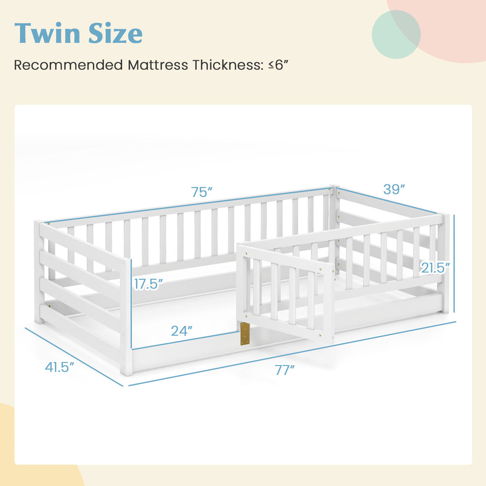 Twin size floor bed dimensions chart, featuring a white design with high fence and door for children's safety and play.