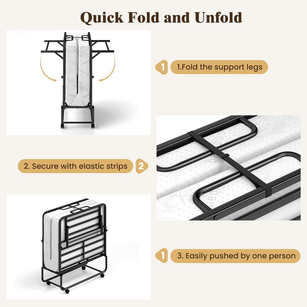 Folding bed with a 5-inch gel memory foam mattress, featuring a heavy-duty metal frame and easy storage design.