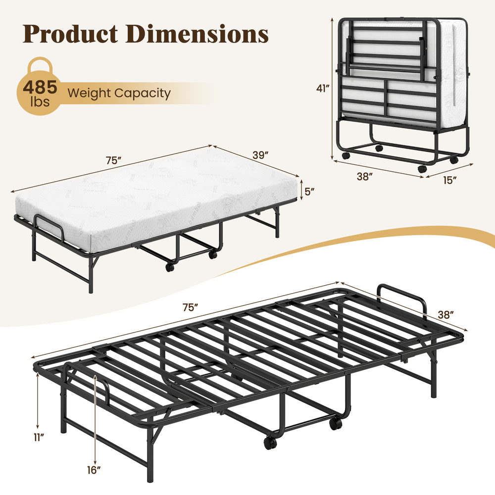 Dimensions of twin size folding bed with 5-inch gel memory foam mattress, showcasing weight capacity and space-saving.