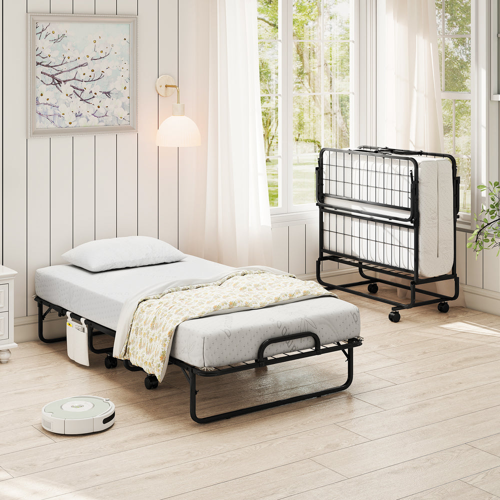 Twin size folding bed with 5-inch mattress, heavy-duty metal frame, and compact design for easy storage and mobility.