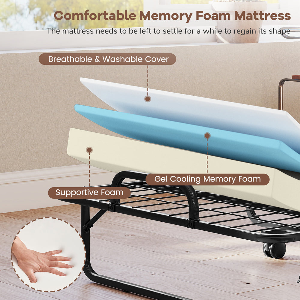 Twin size folding bed with 5-inch memory foam mattress and breathable cover, ideal for guest rooms or apartments.