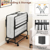 Twin size folding bed with 5-inch mattress, compact design for easy storage, featuring a protective cover and wheels.