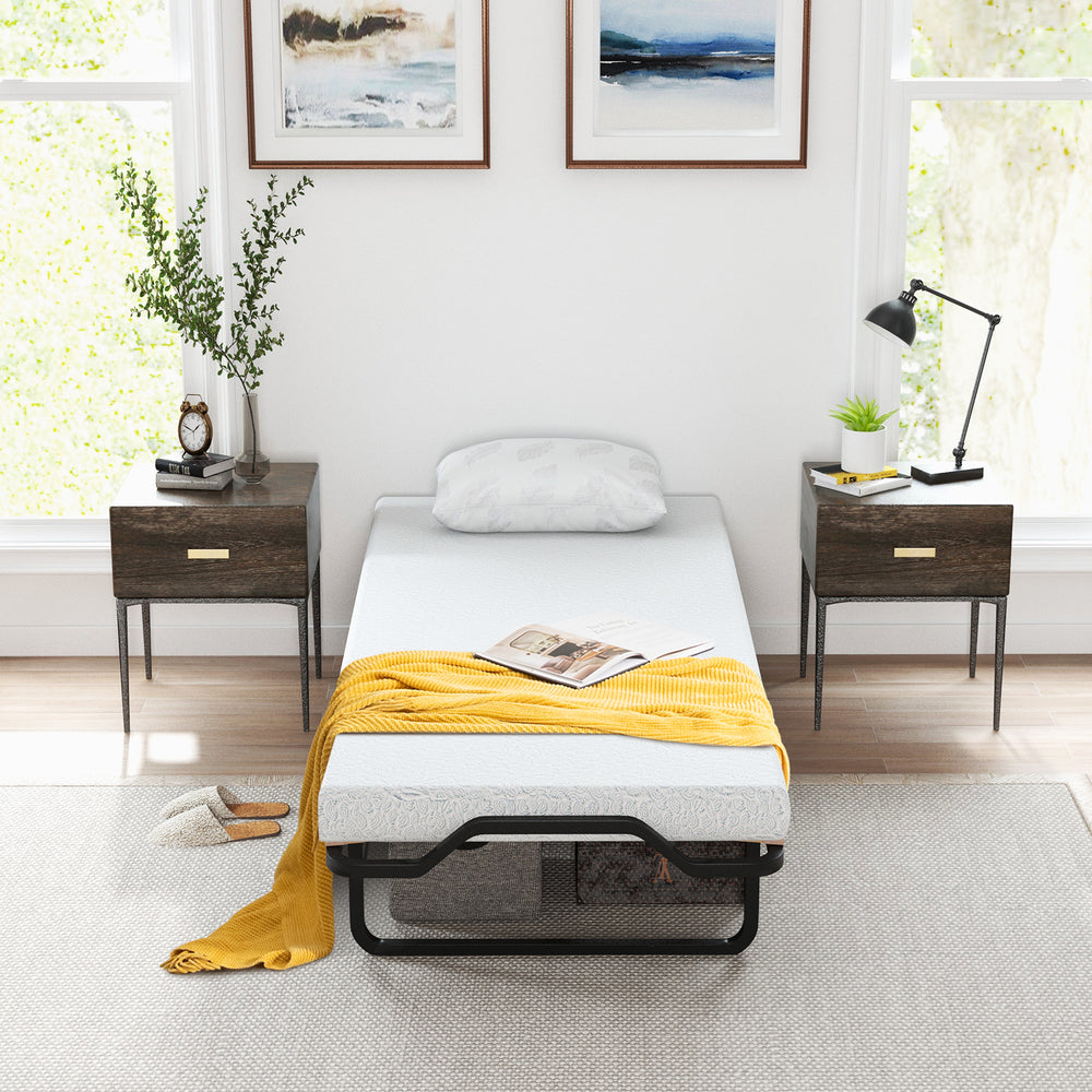 Twin size folding bed with a foam mattress, featuring lockable wheels and a sturdy metal frame for easy storage.
