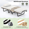 Twin size folding bed with foam mattress, strong metal tubes, and lockable wheels for easy mobility and stability.