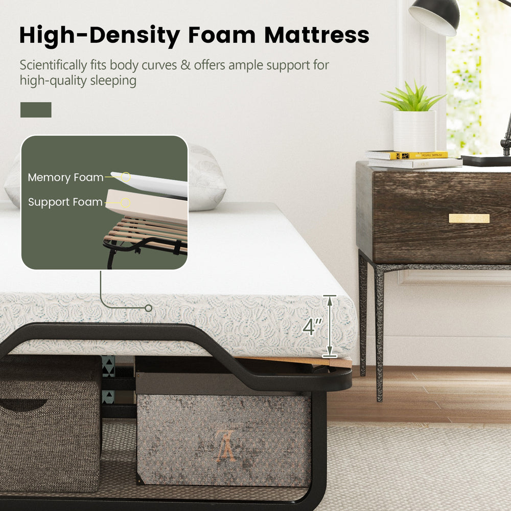 Twin size folding bed with 4-inch high-density foam mattress for optimal support, featuring lockable wheels for easy.
