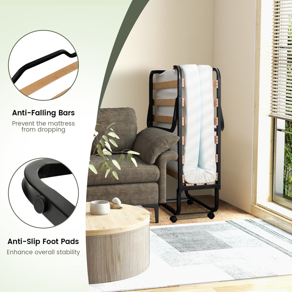 Twin size folding bed with foam mattress, featuring anti-falling bars and lockable wheels for stability and easy.