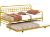 Twin size golden metal daybed with trundle shown from the side, featuring anti-slip foot pads for enhanced stability.
