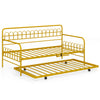 Twin size golden metal daybed with trundle and lockable wheels, ideal for accommodating overnight guests in any room.