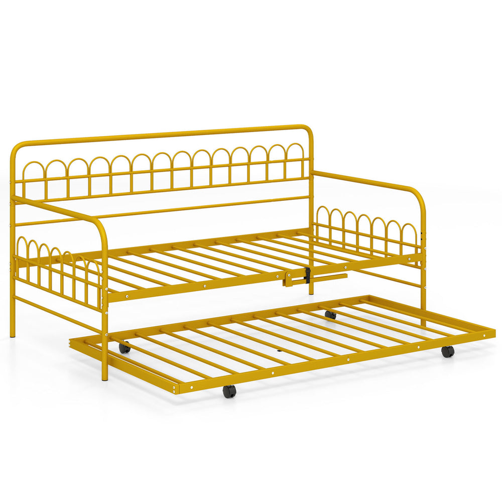 Twin size golden metal daybed with trundle and lockable wheels, ideal for accommodating overnight guests in any room.
