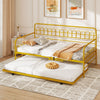 Twin size golden metal daybed with trundle shown in a stylish living room, perfect for accommodating overnight guests.