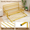 Twin size golden metal daybed with trundle, featuring lockable wheels and anti-slip foot pads for stability and convenience.