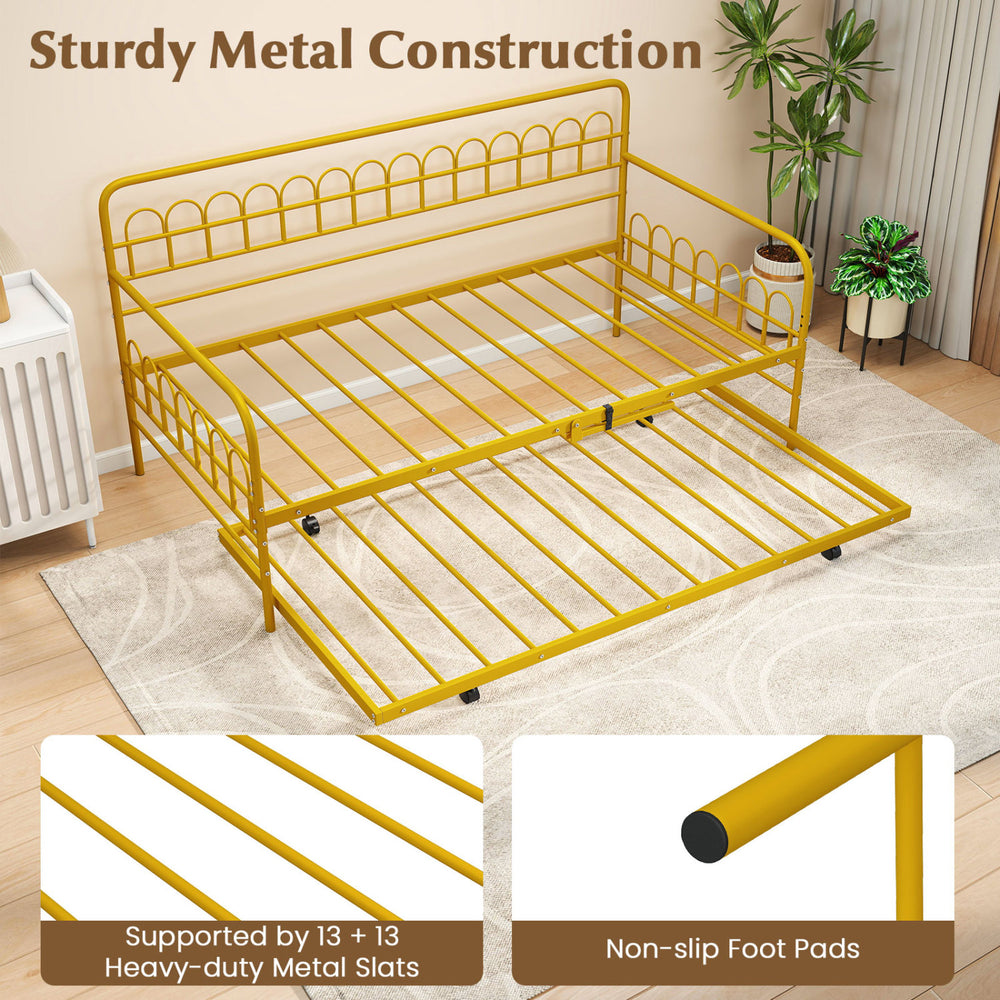 Twin size golden metal daybed with trundle, featuring lockable wheels and anti-slip foot pads for stability and convenience.