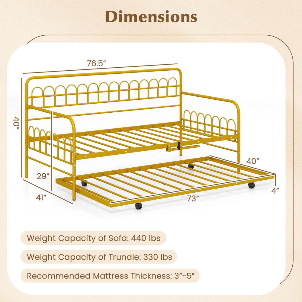Twin size golden metal daybed with trundle, featuring lockable wheels and a weight capacity of 440 lbs for versatile use.