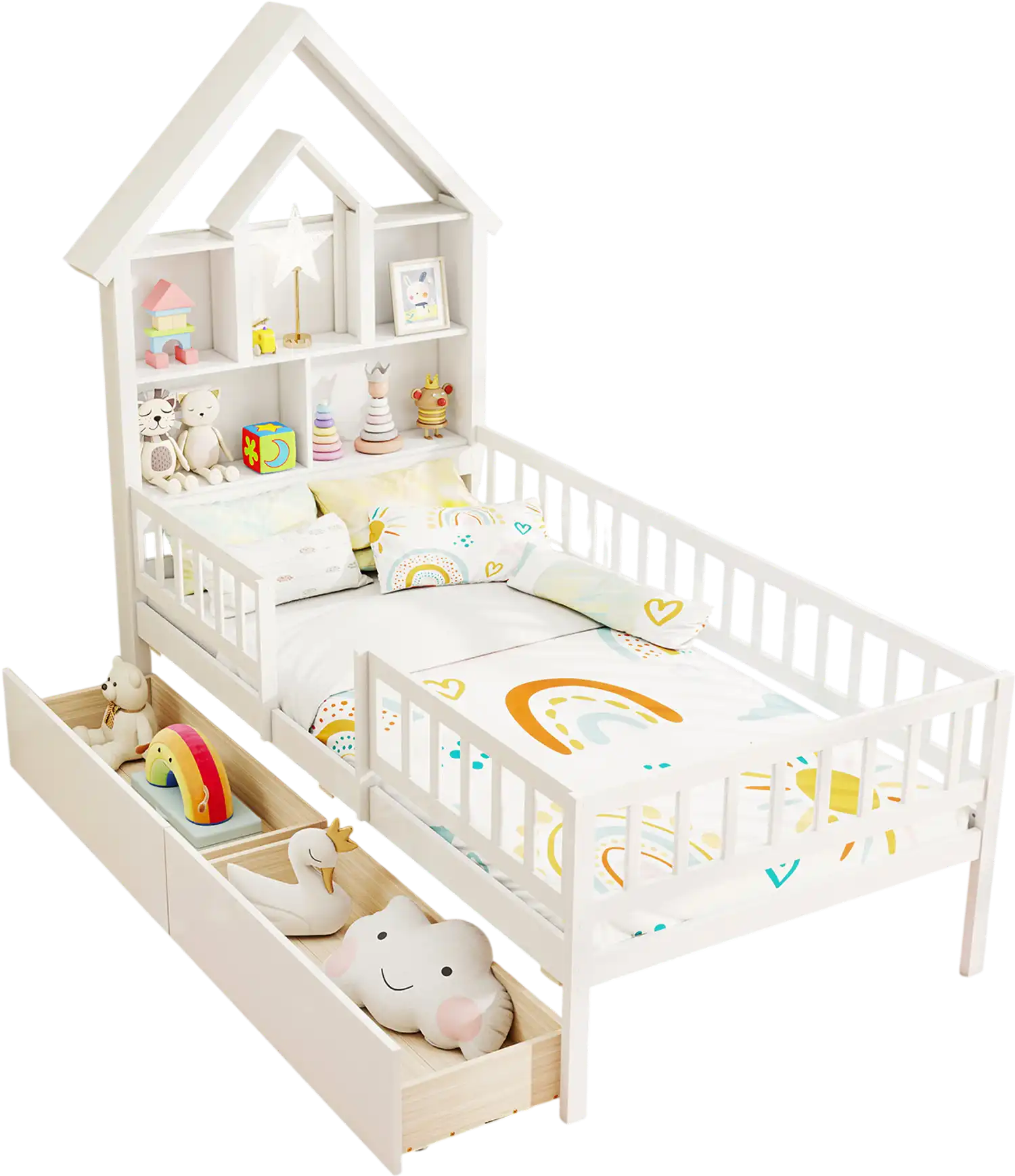 Costway Twin House Bed Frame Kids Montessori Storage Headboard White 426835197 New