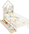 Twin size house bed with storage headboard, featuring open compartments and slide-out drawers for kids' room.