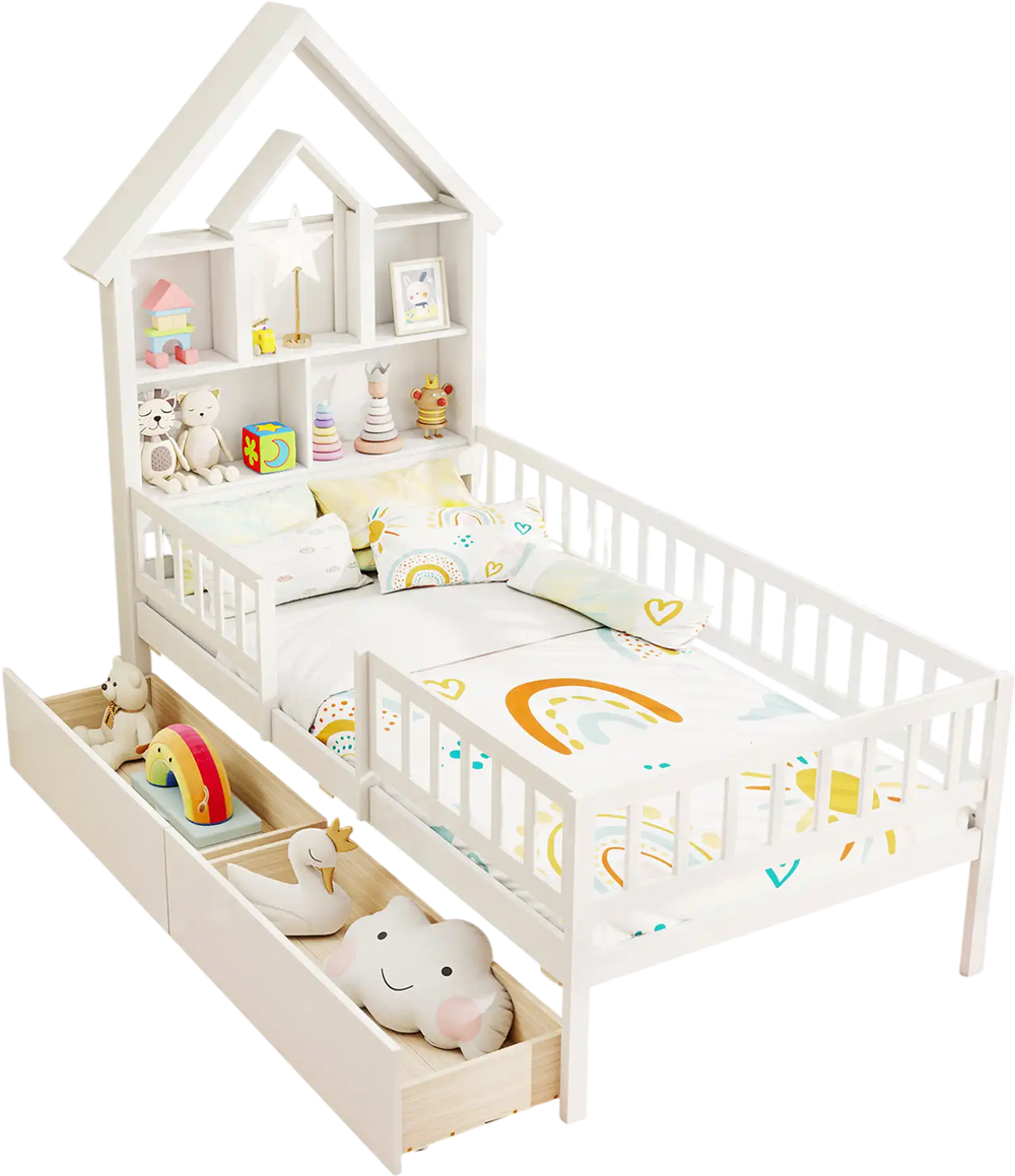 Twin size house bed with storage headboard, featuring open compartments and slide-out drawers for kids' room.