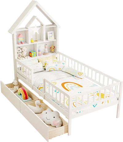 Costway Twin House Bed Frame Kids Montessori Storage Headboard White 426835197 New