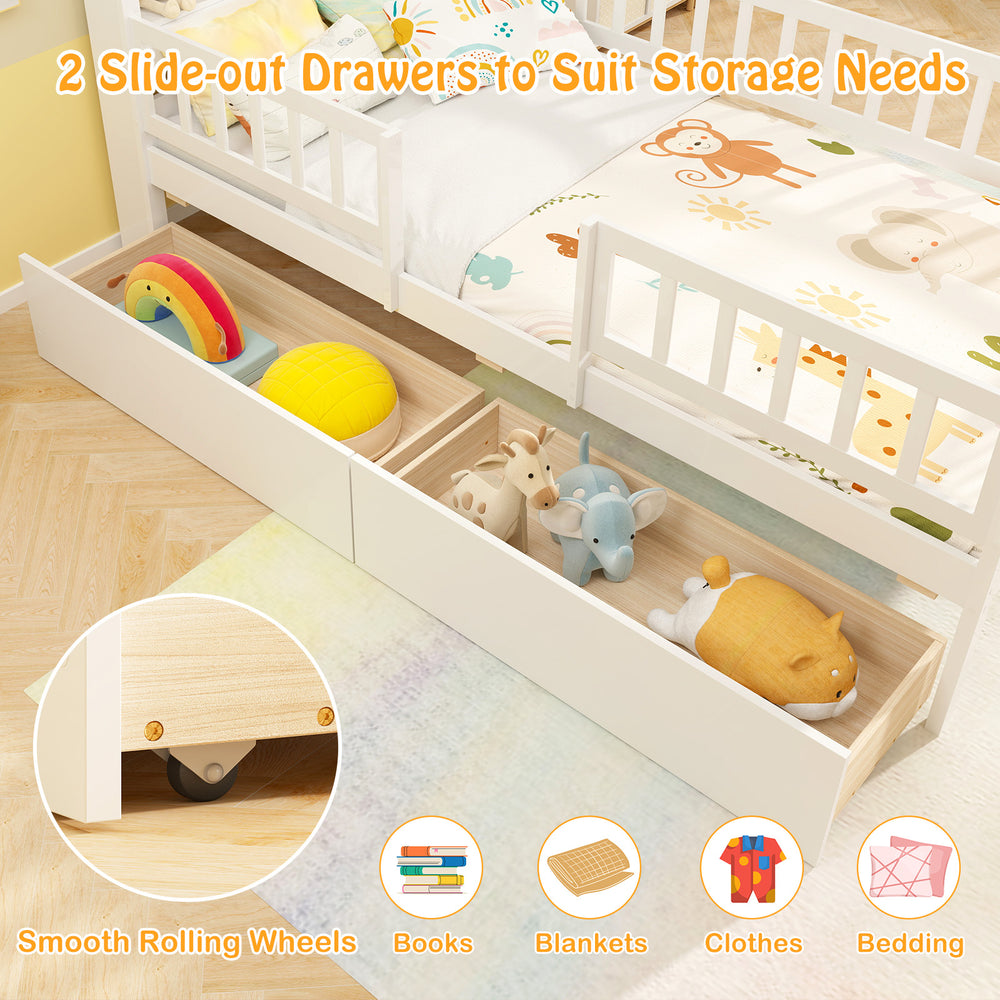 Twin size house bed with white finish and slide-out drawers for storage, featuring smooth rolling wheels for easy.