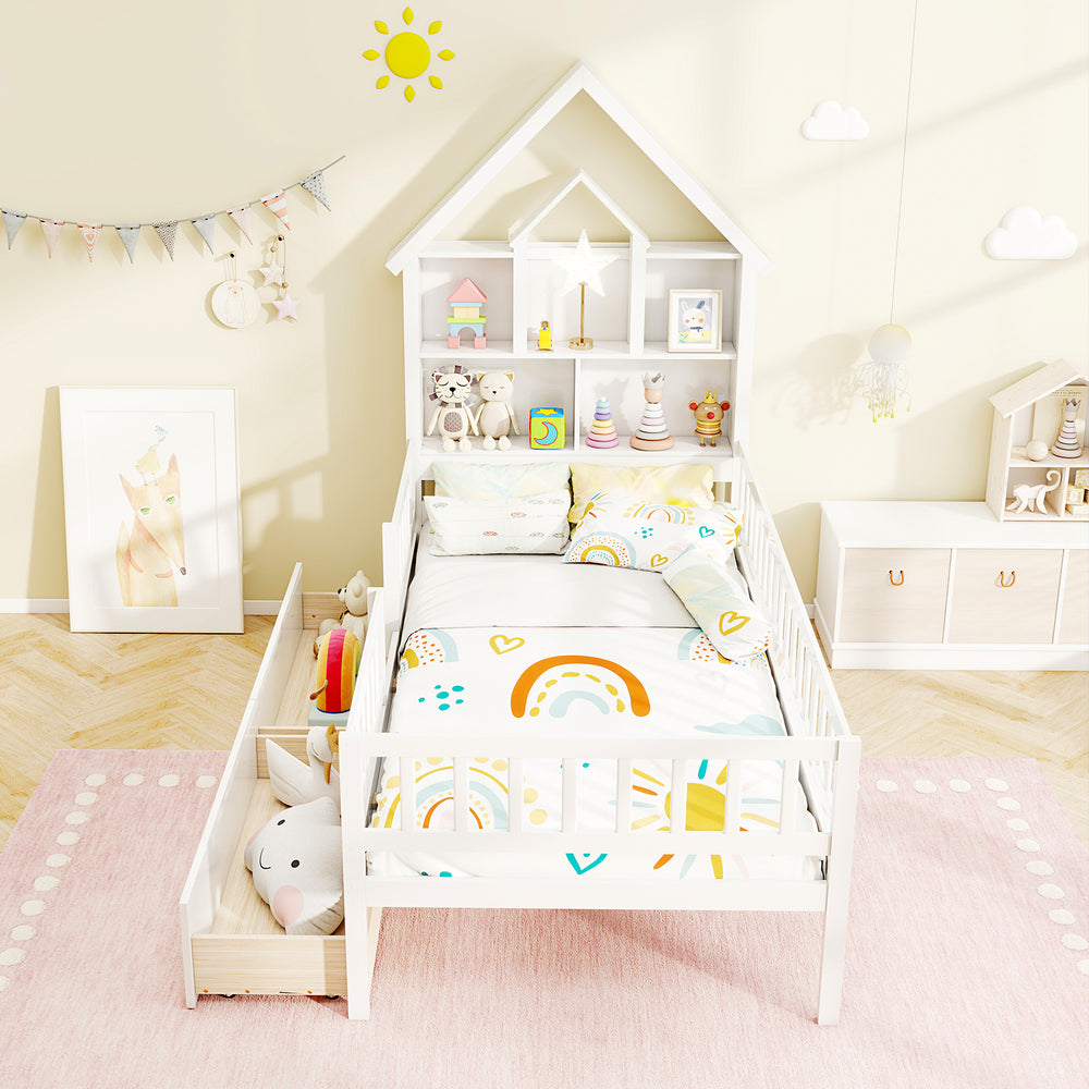 Twin size house bed in white with storage headboard and drawers, perfect for kids' rooms and promoting independence.