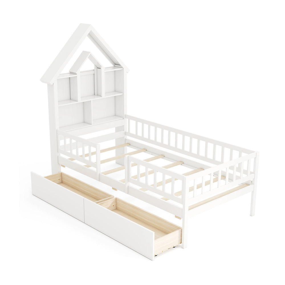 Twin size white house bed with storage headboard, featuring open compartments and slide-out drawers for kids'.